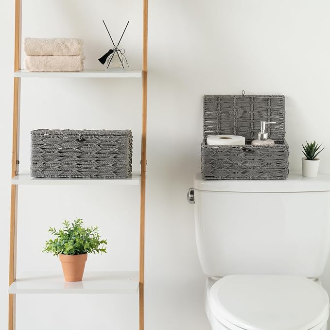 Mkono Storage Basket with Lid, Decorative Bins for Organize, Set of 2 Grey | Paper Rope Box, Toilet Tank Top, Space-Saving, Handwoven Rectangular, Shelf Closet Bathroom Bedroom Office, Home Decor