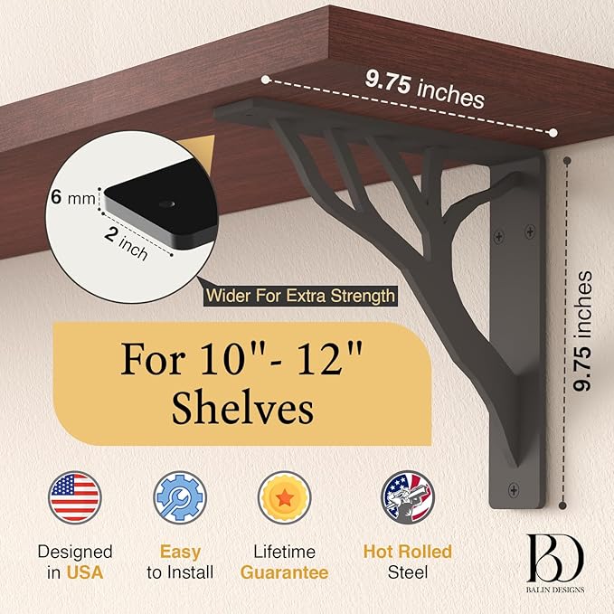 Rustic Tree Black Heavy Duty Shelf Brackets 10 inch by Balin Designs, Decorative L Brackets for Shelves, Metal Fireplace Mantel Large Shelf Bracket, Shelving Bracket, Included Hardware, Set of 2