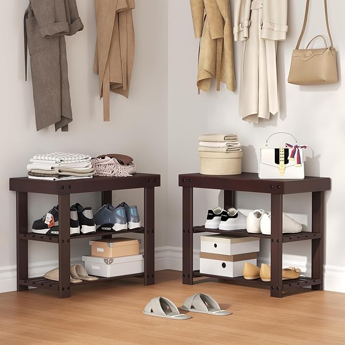 NEWBULIG Shoe Rack Bench, 3-Tier Bamboo Shoe Organizer, Wooden Entryway Storage Bench, 286 lb Load Capacity, 11.2x19.7x17.9 Inches, for Entryway Bathroom Bedroom Balcony, Brown