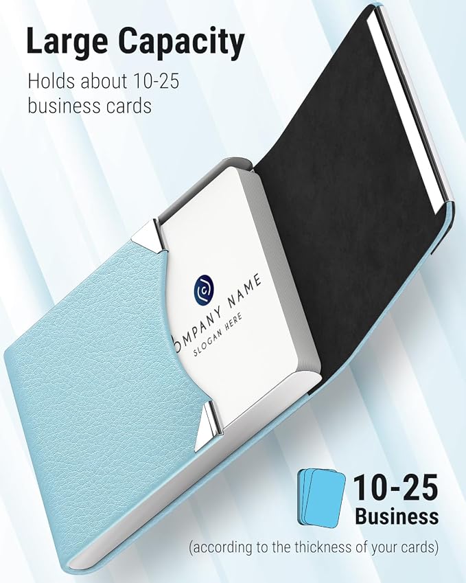MaxGear Business Card Holder, PU Leather Business Card Case, Light Blue | Stainless Steel Interior, Magnetic Closure, RFID Blocking, Holds 15–25 Standard Business Cards