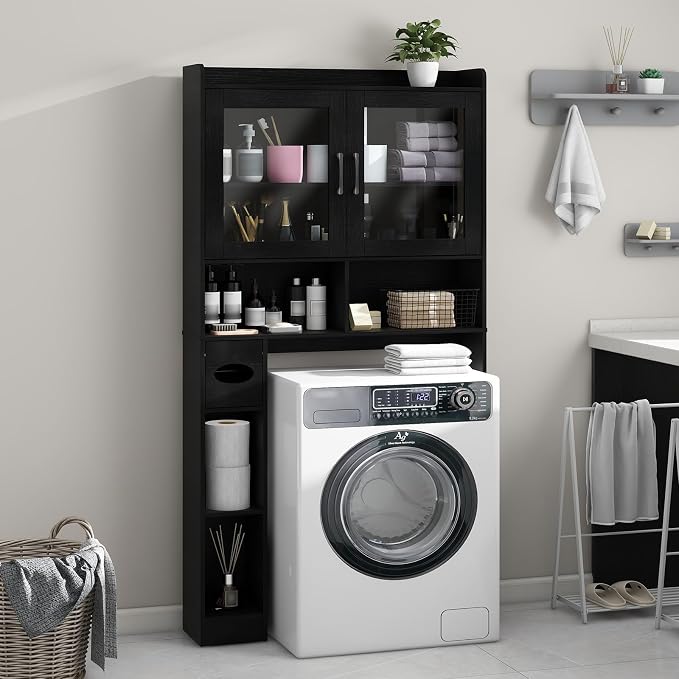Vabches Over-The-Toilet Storage Cabinet, Farmhouse Style with 2 Acrylic Waves Doors, Space-Saving Home Storage Rack for Restroom, Bathroom and Laundry Room.Black.