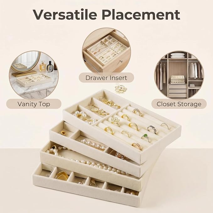 Velvet Jewelry Organizer for Drawer, Stackable Jewelry Drawer Inserts in Dresser, 8in Beige Storage Display Case for Rings Stud Necklaces Accessories, Set of 8