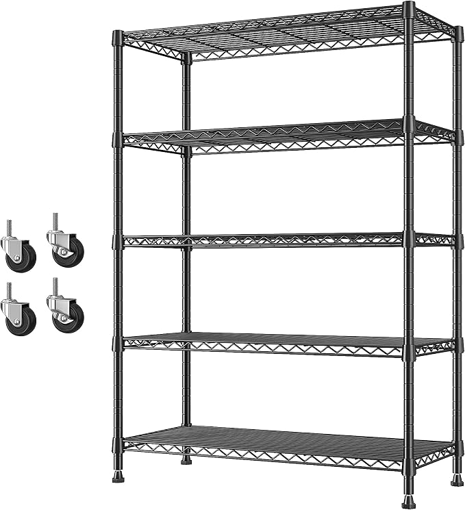 REIBII 1653LBS Storage Shelves with Wheels,76.1" H Metal Shelving 5-Tire Adjustable Wire Shelving Pantry Shelves for Garage Shelving, Pantry, Kitchen, Closet, Commercial,15.7" D x 35.4" Wx76.1 H