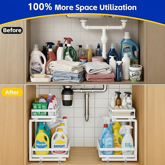 Under Sink Organizer, Dual-Rail Ball-Bearing, Under Kitchen Sink Organizer, 6-Level Adjustable, Under Cabinet Organizer, No-Drill Adhesive/Suction, Under Sink Storage (white, 2-pack)
