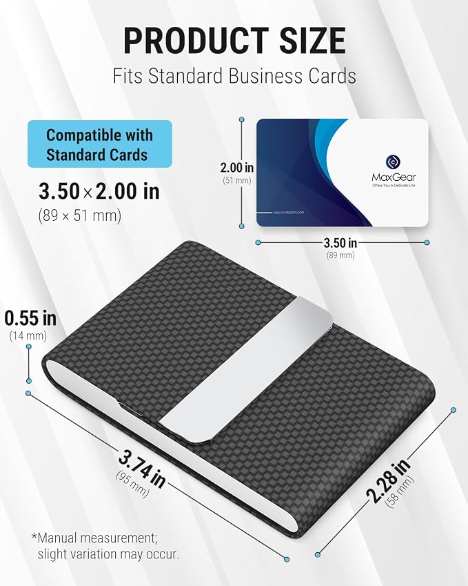 MaxGear Business Card Holder, PU Leather Business Card Case, Black Carbon | Stainless Steel Interior, Magnetic Closure, RFID Blocking, Holds 15–25 Standard Business Cards