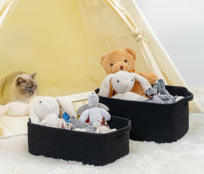 CubesLand Cute and Durable Small Cotton Rope Basket for Organizing | Woven Closet Storage Bin,Shelves Closet Storage Basket, Bathroom Storage Organizer Bin, Nursery Toy Basket Bin, Black Basket