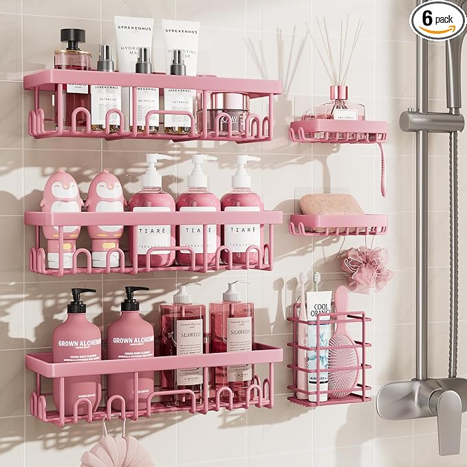 Veken Large Capacity Shower Caddy 6-Pack, No Drilling & Rustproof, Adhesive Shower Shelves with Soap Holder, Bathroom Organizers and Storage, Wall-Mounted Kitchen & Home Decor, Pink