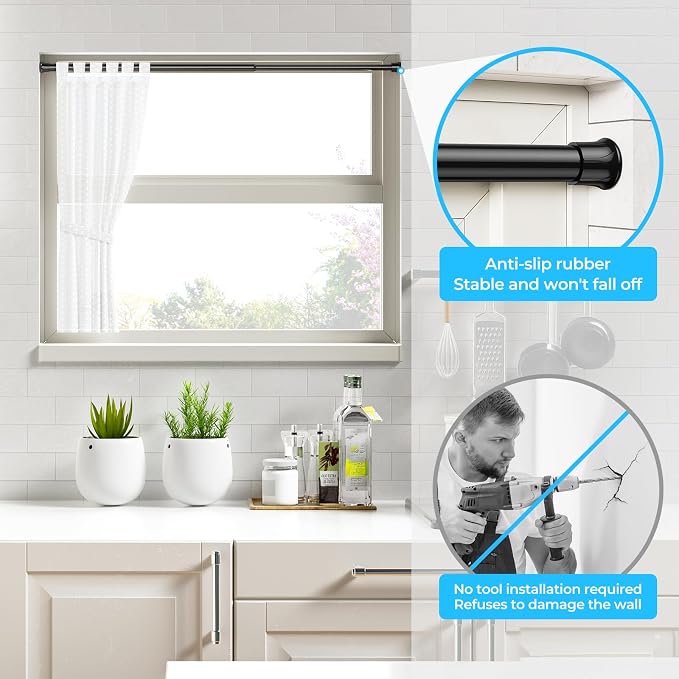 AIZESI 2 Pack Tension Rods for Windows 28 to 48 inch, Adjustable Short Curtain Rods No Drilling Small Tension Rods for Windows Door Kitchen Curtain, Black