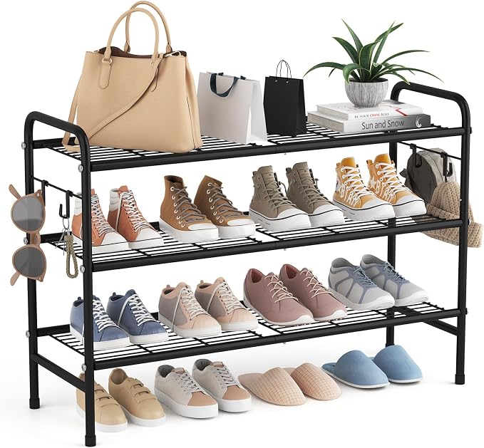 VILICK 3 Tier Shoe Rack 33" Wide Metal Shoe Organizer, Black | Long Shoe Storage, 4 Side Hooks, Sturdy Shoes Shelf, For Front Door Entrance, Closet, Garage, Dorm