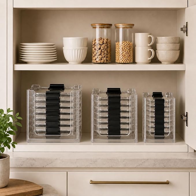 3PCS Clear Acrylic Food Container Lid Organizer for Rubbermaid Brilliance Nap-on Lids, Stackable Lid Holder Rack, Kitchen Storage Holder 4.7 Cup, 3.2 Cup, 1.3 Cup. 0.5 Cup Container, Holds 24 Lids