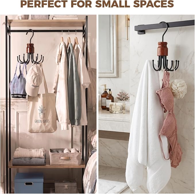 2 Pack Bra Hangers for Closet Organizer, Space Saving Metal Tank Top Hangers with 8 Foldable Hooks Holds 48 Items Total, 360° Rotating Storage for Bras, Scarves, Belts, Purses and More