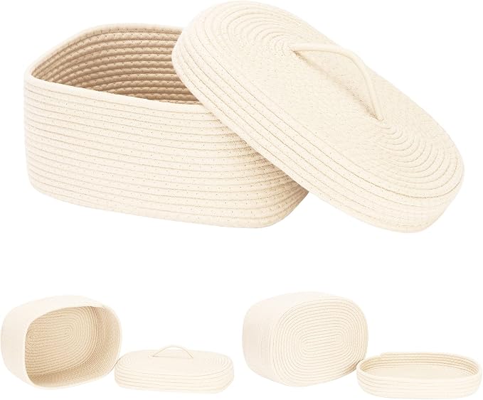 Sea Team Oval Cotton Rope Storage Basket with Lid, Lidded Woven Storage Bin, Nursery Storage Container, Diaper Caddy, Baby Shower Basket, Box, Organizer, 15 x 11 x 6.5 Inches (Medium, Cream)