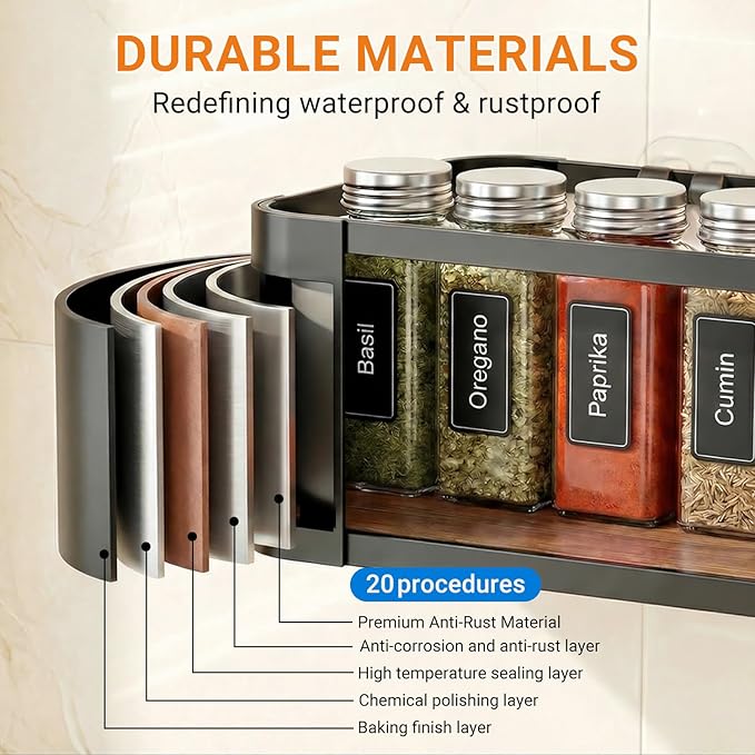 Wall Mounted Spice Rack, Black, 4 Pack | 4 Hooks Included, Screw or Adhesive Installation, For Stove Cabinet Pantry Door, Kitchen and RV Use