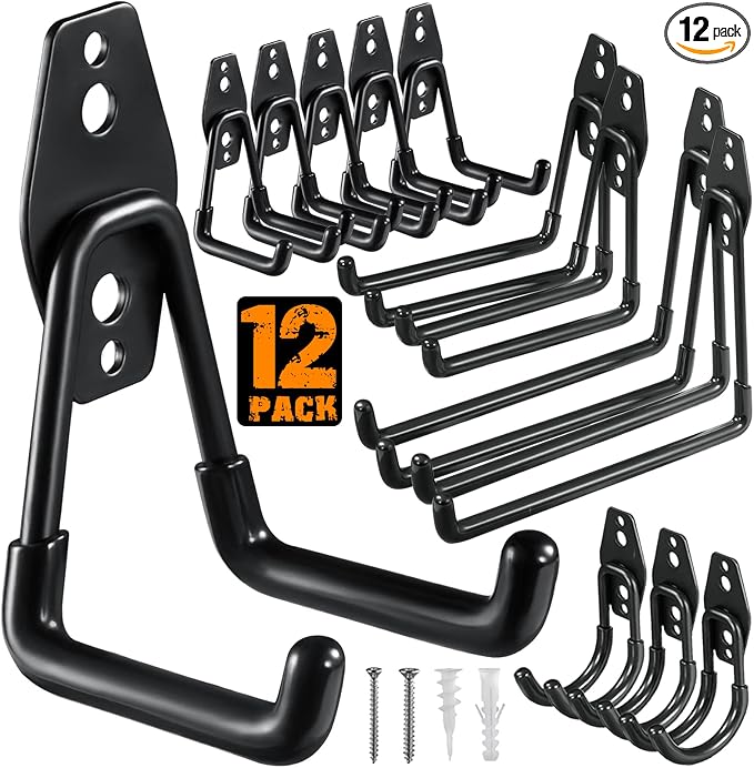 HUPBIPY 12 Pack Garage Hooks Heavy Duty, Wall Mount Ladder Hooks | Storage Organizer With a non-slip coating for Hanging Bicycles Garden Tools Ladders Hoses Ropes and Loose Items(Black)