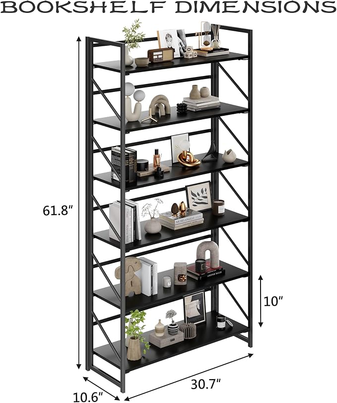 JSB 6 Tier No Assembly Folding Bookshelf, 30.7" Wide Foldable Storage Bookcase for Home Office, Space-Saving Storage Shelf for Living Room (Black)