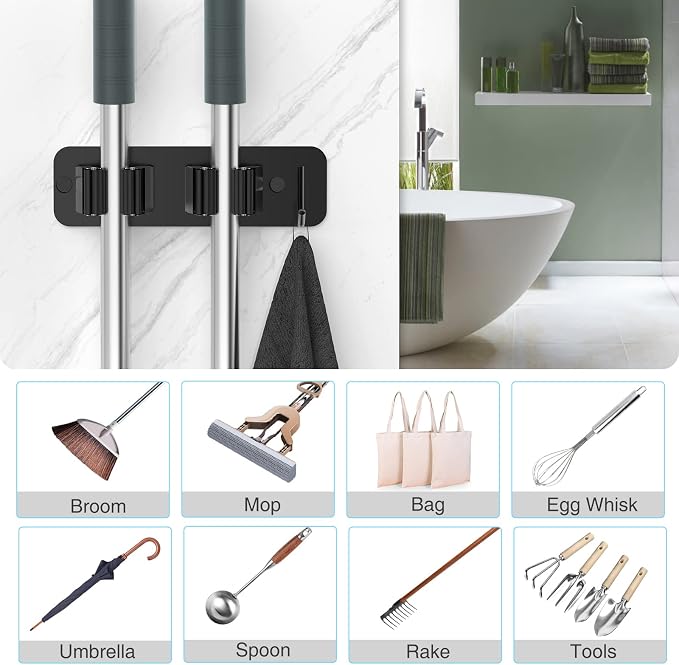 homeasy Wall Mount Mop and Broom Holder, Heavy Duty Stainless Steel Organizer Rack with Hooks | 2-Pack, 2-in-1 No Drill & Screw Installation, Black