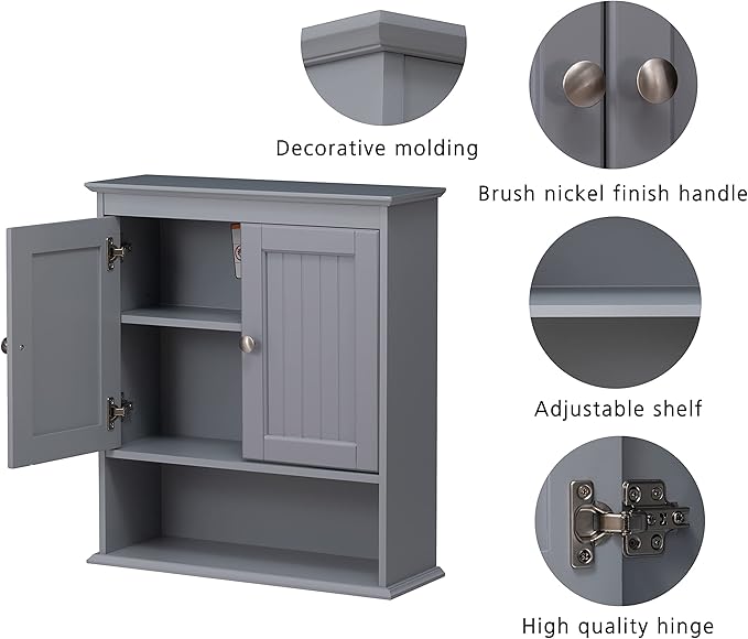 Spirich Bathroom Medicine Cabinet Over Toilet, Wall Mounted Cabinet, Gray | FSC-Certified Engineered Wood, Hidden & Open Storage, Adjustable Shelf, Modern Beadboard Design for Bathroom Kitchen Laundry