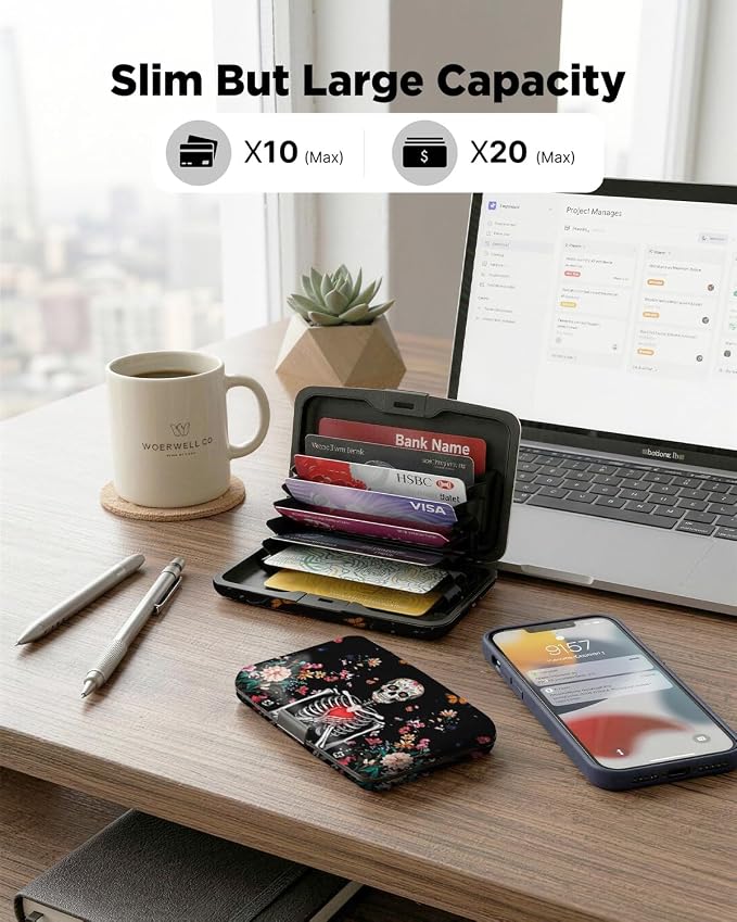 Maicican RFID Blocking Aluminum Credit Card Holder | Slim Metal Wallet for Women & Men, Business Card Case for Travel, Fits Front Pocket, Card holder wallet - Flower Skull