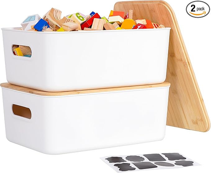 Citylife Storage Bins with Bamboo Lids 16QT Plastic Storage Containers Stackable Organizer Boxes with Handle for Desk Snacks, Toys, 2 PCS, 15" L x 10.6" W x5.8 H