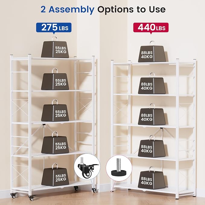 ALANNG 40" W Foldable 5-Tier Storage Shelves on Wheels Adjustable | Removable Metal Rack, Heavy Duty Rolling Organizer for Kitchen, Garage, Closet, Pantry, and Office (White,3 Pack)