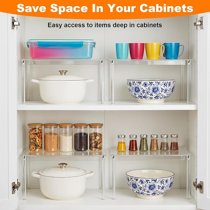 4 Pcs Clear Acrylic Cabinet Organizer Shelves, Stackable Spice Rack & Shelf Riser for Kitchen Pantry, Countertop, Bathroom, Desk & Cupboard Storage, Versatile Display Organizer for Makeup