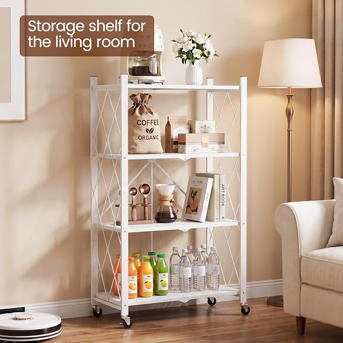 ALANNG 4 Tier Folding Storage Shelf on Wheels,Heavy Duty Metal Rolling Cart | 264 lbs Capacity, No Tools Assembly, Folds to 3.9", Lockable Casters, Portable for Kitchen Laundry Garage (White, 1 Pack)