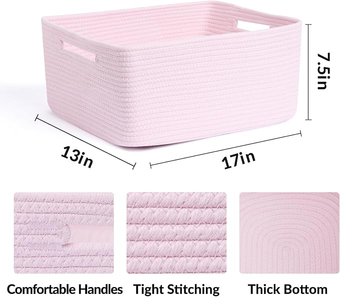 MiniArk Large Storage Baskets for Shelves, 17 x 13 x 7.5” Closet Organizers Bins for Clothes Blanket Towels, Baby Nursery, Toy Baskets Box, Woven Rope Baskets, 2 Packs Light Pink