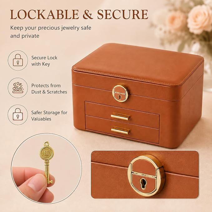 Jewelry Box for Women, Large Dresser Top Organizer with 3 Layers & 2 Drawers, PU Leather Storage Case for Earrings, Necklaces, Rings, Giftable Vanity Box (brown)