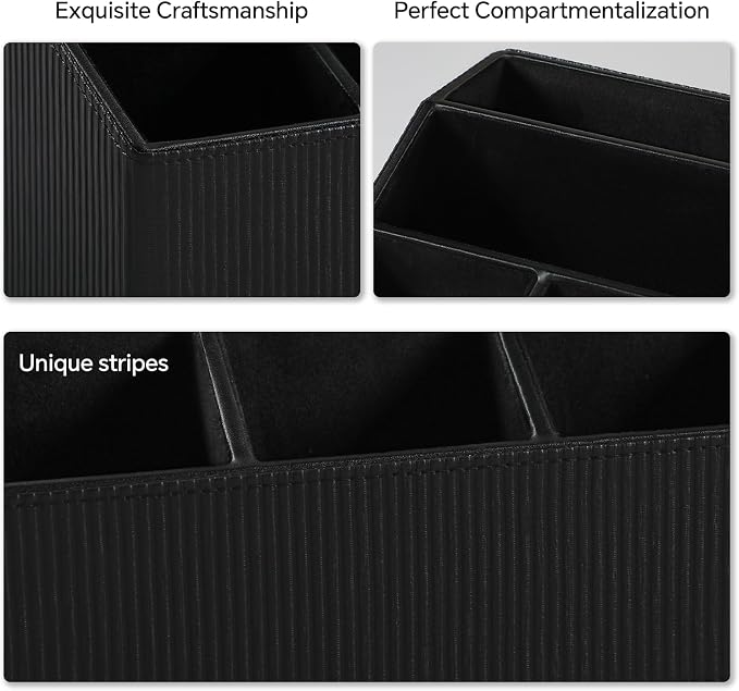 Desk Organizer Caddy with 5 Compartments for Office Art Supplies, PU Leather Nightstand Organizer Pencil Pen Desk Caddy for Home, Desktop TV Remote Control Holder Storage (Striped Black)