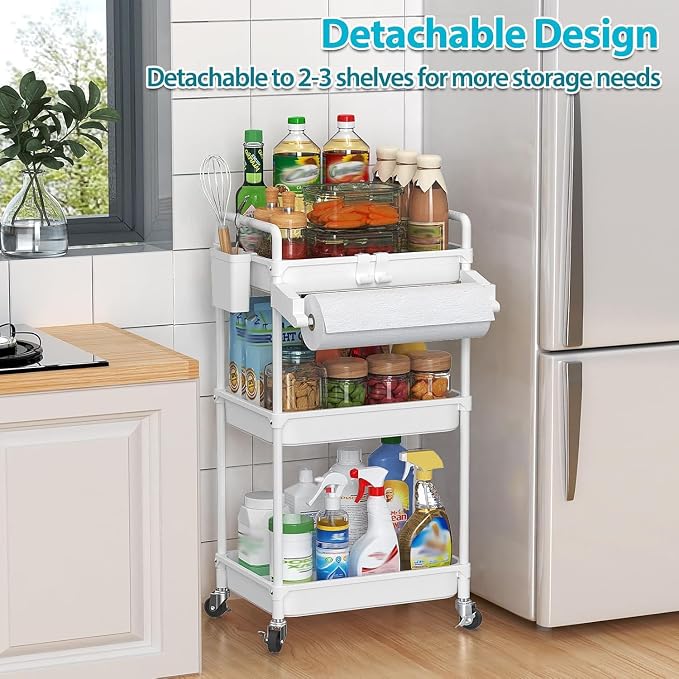 SPACEKEEPER Rolling Storage Cart, 3 Tier Utility Cart Laundry Room Organization Mobile Shelving Unit Bathroom Organizer with Towel Rack, Lockable Wheel, Hooks & Cup for Kitchen Office, White