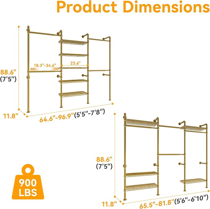 Higeego W3 Wall Mounted Closet System, Expandable Industrial Pipe Clothes Rack Clothing Rack for Hanging Clothes, Heavy Duty Garment Rack Closet Organizers and Storage Reach in Closet, Gold