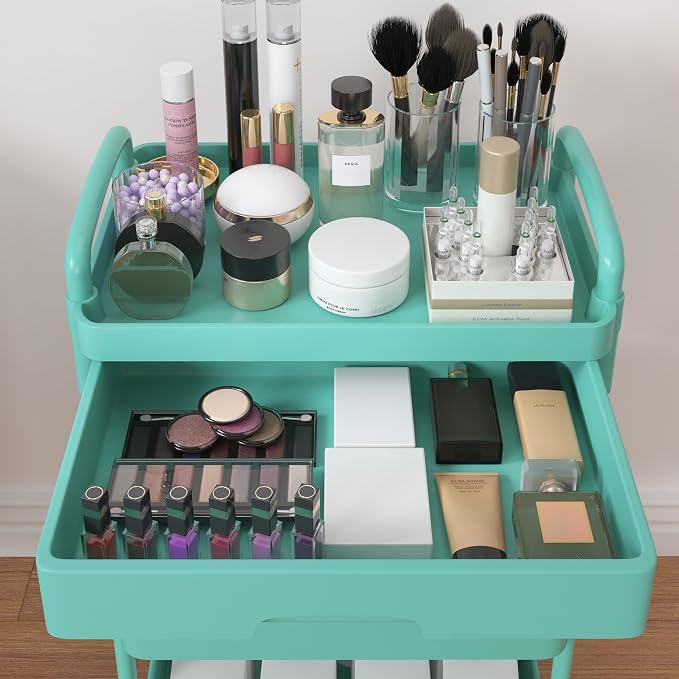Calmootey 4-Tier Rolling Utility Cart with Drawer,Multifunctional Storage Organizer with Plastic Shelf & Metal Wheel,Storage Cart for Kitchen,Bathroom,Living Room,Office,Green | Space-Saving Organizer, Sturdy Plastic Shelves, Smooth-Rolling Metal Wheel...