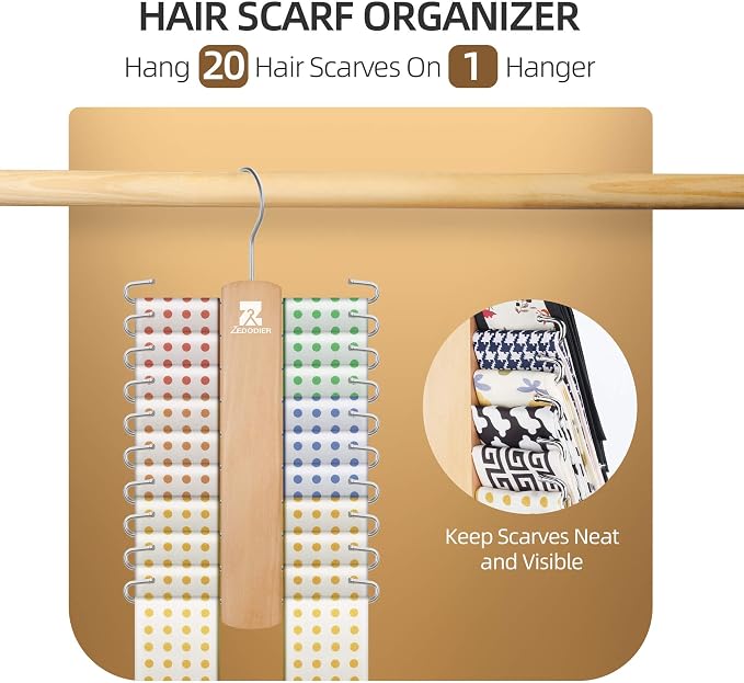 ZEDODIER Wooden Tie Rack, Tie Hanger for Men Closet, 20 Storage Capacity, Non-Slip Rotatable Tie Organizer, Hanging Space Saving Holder, Natural