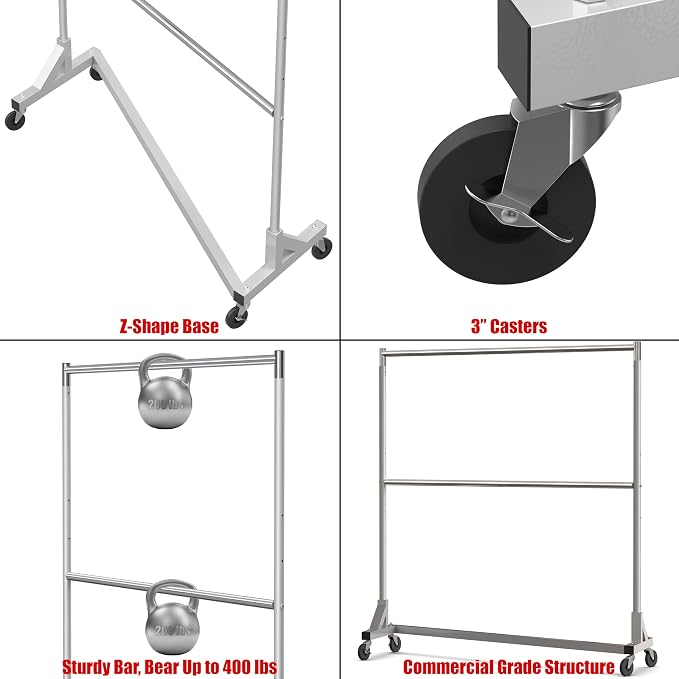 Simple Houseware Commercial Grade Z-Base Double Rod Garment Rack, Silver | 600Lb Load with 63" Extra Long Bar, Adjustable Middle Bar