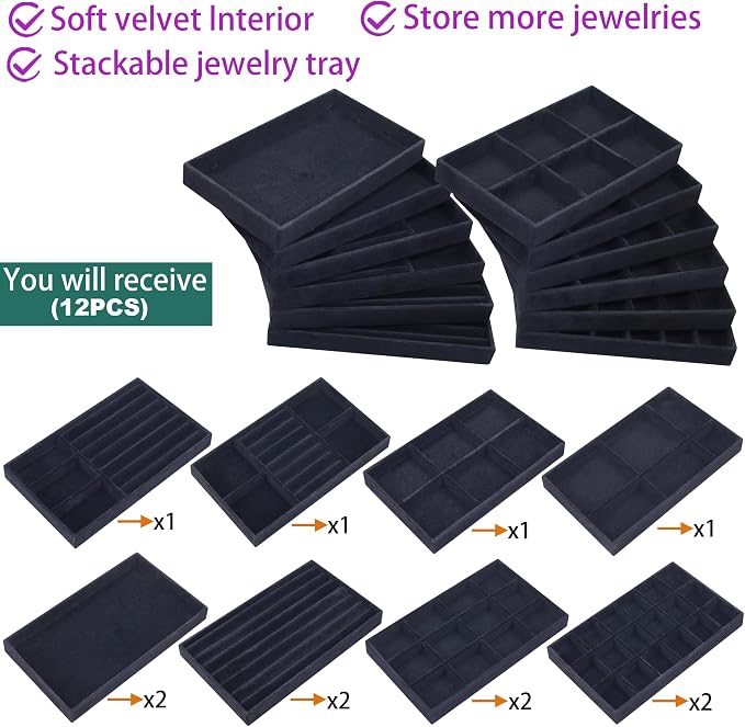 12 Pcs Velvet Jewelry Tray Stackable Jewellery Organier Trays Earrings Necklace Rings Storage Box Jewelry Drawer Display Case for Bracelet Earring Watch Accessories with Removable Dividers, Black