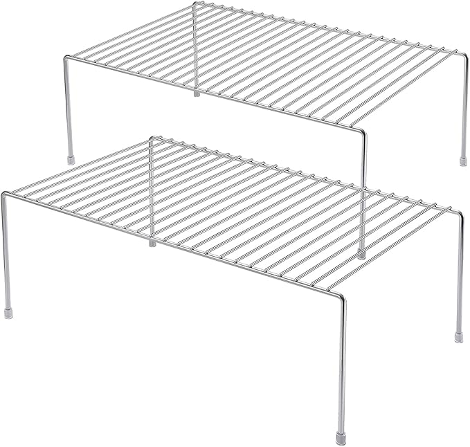 Kitchen Cabinet Shelf Organizer Set of 2, Large (15.7 x 9.4 inch) Metal Wire Pantry Storage Shelves, Dish Plate Racks for Cabinets, Freezer, Counter, Cupboard Organizers and Storage, Chrome