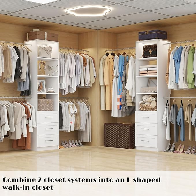 Closet Organizer System with Drawers, Wall Mounted 5FT-9FT White | 3 Wooden Storage Drawers, 4 Expandable Hanging Rods, 2 Adjustable Shelves,walk-in closet organizer,Wall Mount Walk In Tower