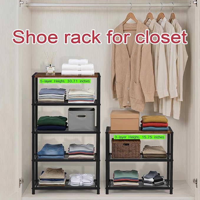Tall Narrow Shoe Rack for Entryway Closet,5-Tier Shoe Storage Shelf | Small Vertical Shoe Organizer Wood, Sturdy Metal Mesh Shelves, Wooden Table Top, Holds 10 Pairs, for Front Door Entrance