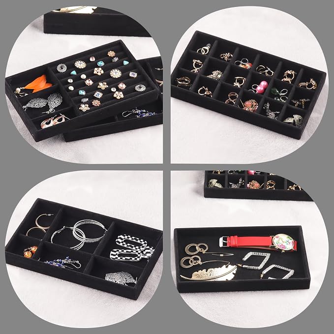 Jewelry Trays,Velvet Stackable Organizer Trays,Drawer Inserts Jewelry Display Case For Rings Stud Necklaces Earring Organizer Tray for Women Girls-8 Pack (Black)