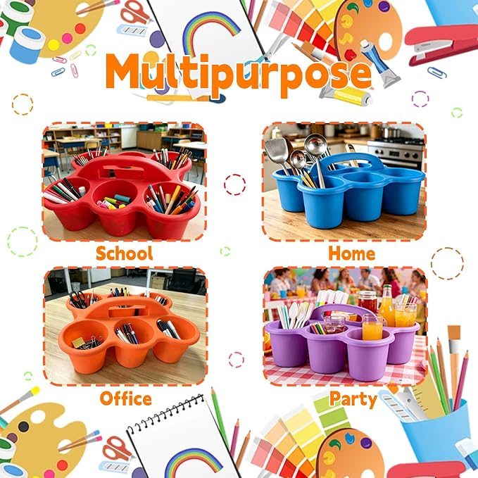 6 Pack Classroom Caddy Organizer with Handle Multicolor Plastic Table Caddy 6 Compartments Storage Cup Holder for School Supplies Art Crafts Crayons Pencils Stackable Desk Caddy for Office
