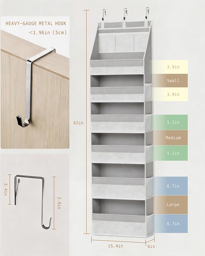 KMSCO Over The Door Organizer, 6 Large Pockets + 13 Mesh Side Pockets, Hanging Storage, 55lbs Capacity, Heavy Duty Non-Woven Fabric for Baby Nursery, Bathroom, Pantry, Closet, Grey, 1 Pack