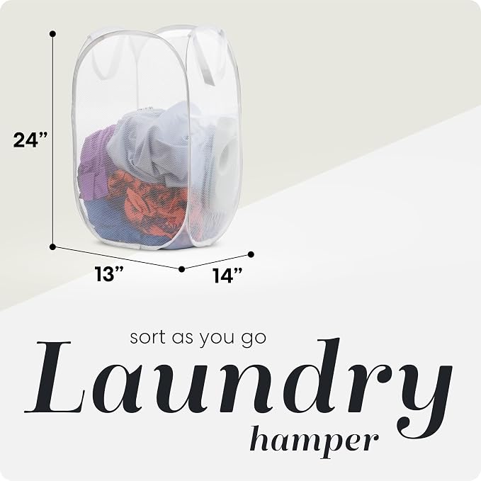 Pop Up Laundry Hamper, Collapsible Mesh Clothes Basket - Handy Laundry 71L Foldable Clothes Basket with Reinforced Handles, Wide Opening and Side Pocket for Dorm, Travel, Cruise, Bedroom (White)