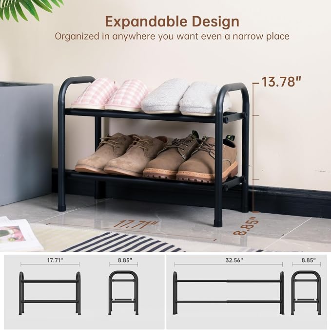 Gonfoam Expandable 2-Tier Shoe Rack for Closet and Entryway, Black | Tool-Free Assembly, Metal Material, Adjustable Shoe Organizer, Sturdy, Small Space Solution, Dorms, Garages, Apartments.