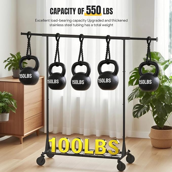Clothing Garment Rack Capacity 550LBS Rolling Clothes Rack on Wheels - Heavy Duty Commercial Storage Organizer - Mobile Clothes Rack with Multifunctional Design (Black)