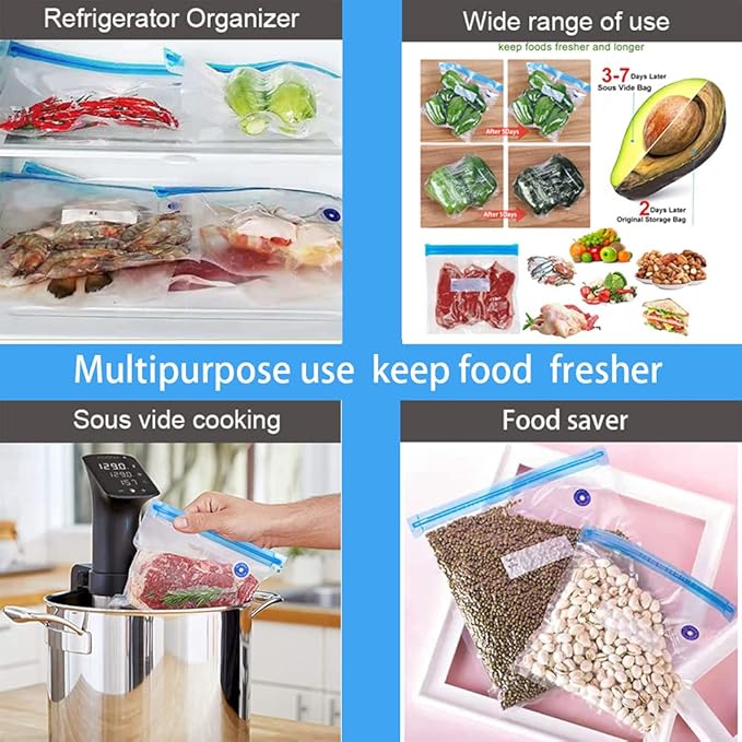 Sous Vide Bags Reusable 27Pcs, BPA Free Vacuum Sealer Bag, Vacuum Food Storage Bag for Sous Vide Cooking/Microwave Heating - 20Pcs Vacuum Zipper Bags & 2 Seal Clips & 5 Air Valves (11 * 10in) 2.9L