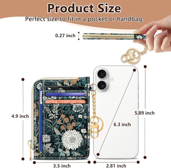 GIANCOMICS Slim Wallet Credit Card Holder Women, Vintage Weeds Floral Rfid Small Card Case, Keychain Thin Pocket Curved Zipper Wallet, Travel Card Holder PU Leather ID Window, Ladies Female Gifts