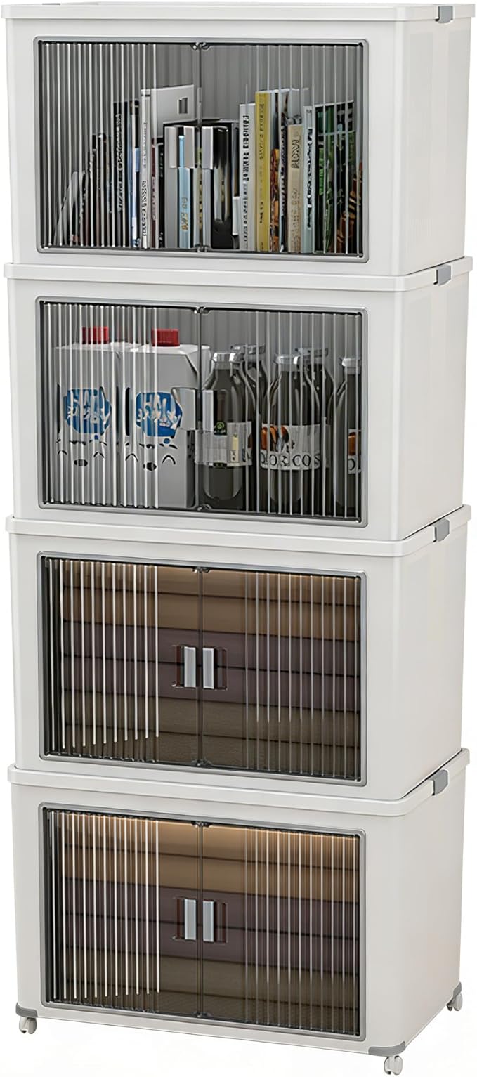 Folding Storage Bins with Lids, 4-Pack Top & Front Opening Stackable Organizer, Total 280qt, for Bedroom Living Room Kitchen Office Bathroom, White, 22"x13.6"x13.8" Each