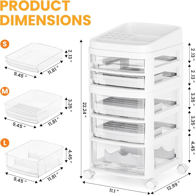 Rolling Cart with 5 Drawers, Clear Plastic Drawer Organizers, Dust Proof Under Desk Storage for Makeup, Skincare, Art Crafts and Baby Items, Acrylic Cosmetic Organizer with Dividers, Vanity Cart