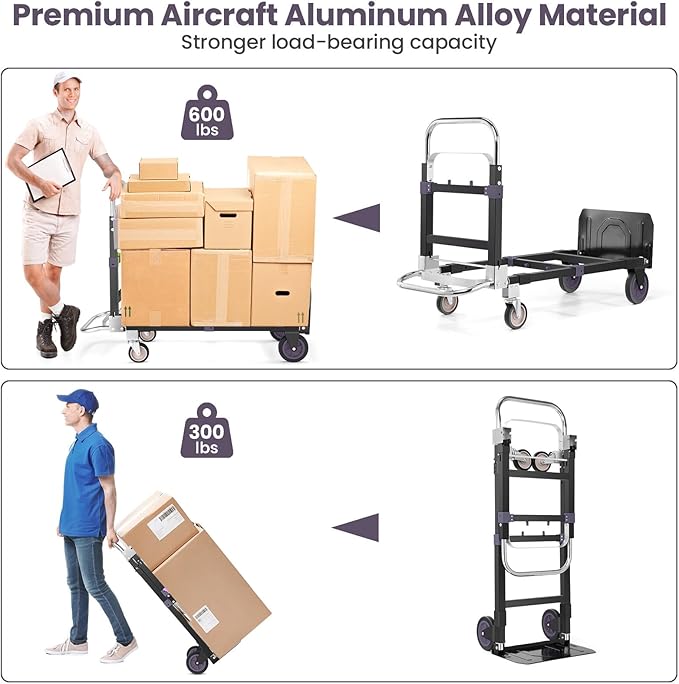 3-in-1 Folding Hand Trucks, 600Lbs Convertible Hand Truck Dolly, Heavy Duty Convertible Dolly with Retractable Handle and 4 Rubber Wheels, Collapsible Cart for Moving Office/Home/Warehous(Black)