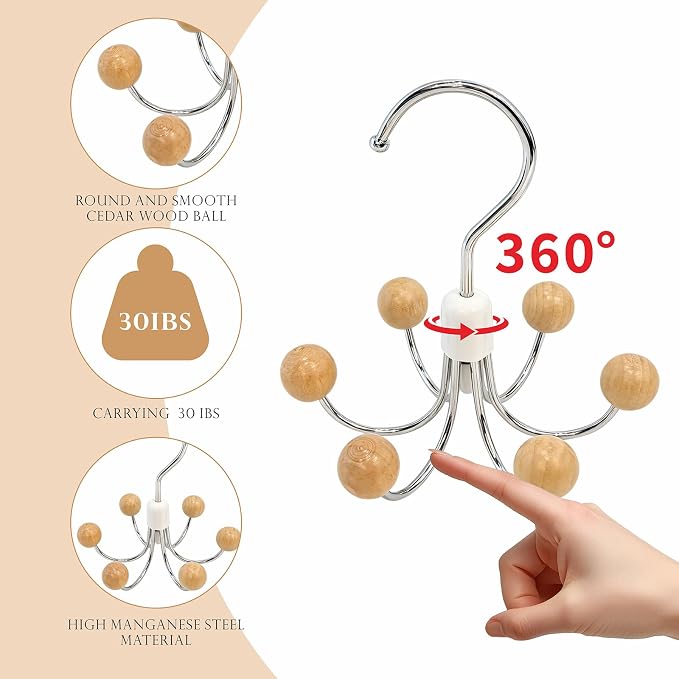 Sweatshirt Hangers with 6 Cedar Balls, Purse Hanger, Scarf Hanger, Wooden Closet Hooks, Handbag Organizer, Bra Hanger, Accessory Organizers for Scarf, Tanktop, Hat, Hoodie-Wood Color(2 Pack)